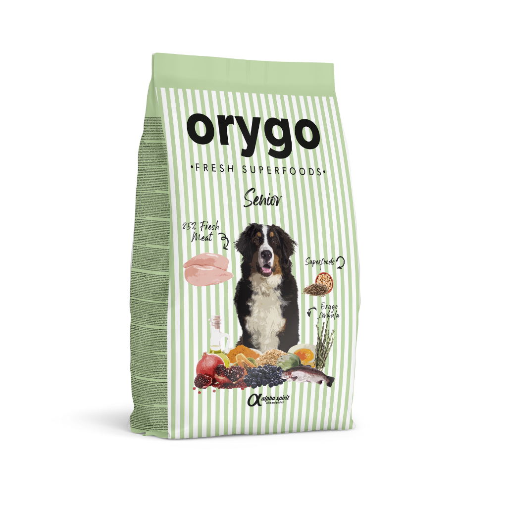 8kg bag of Orygo Senior Cold Pressed dog food.