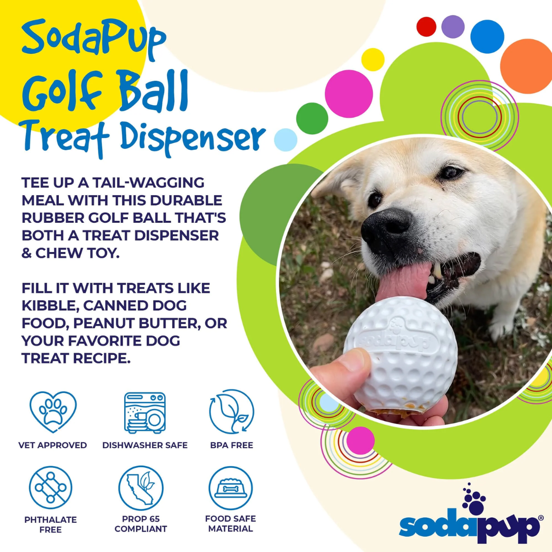 SodaPup Golf Ball Treat Dispenser infographic.