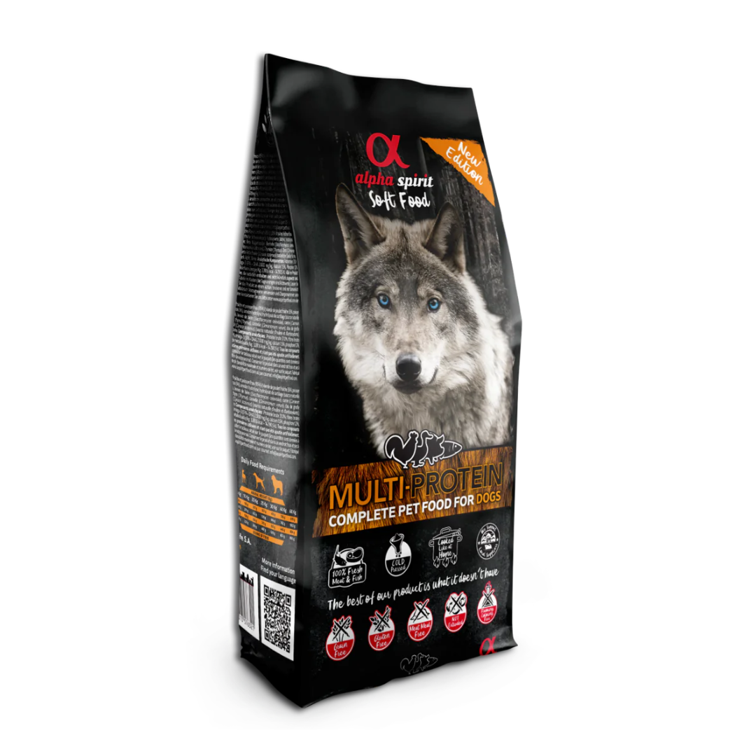 1.5kg bag of Alpha Spirit Semi Moist Multi Protein Complete Food for Dogs.