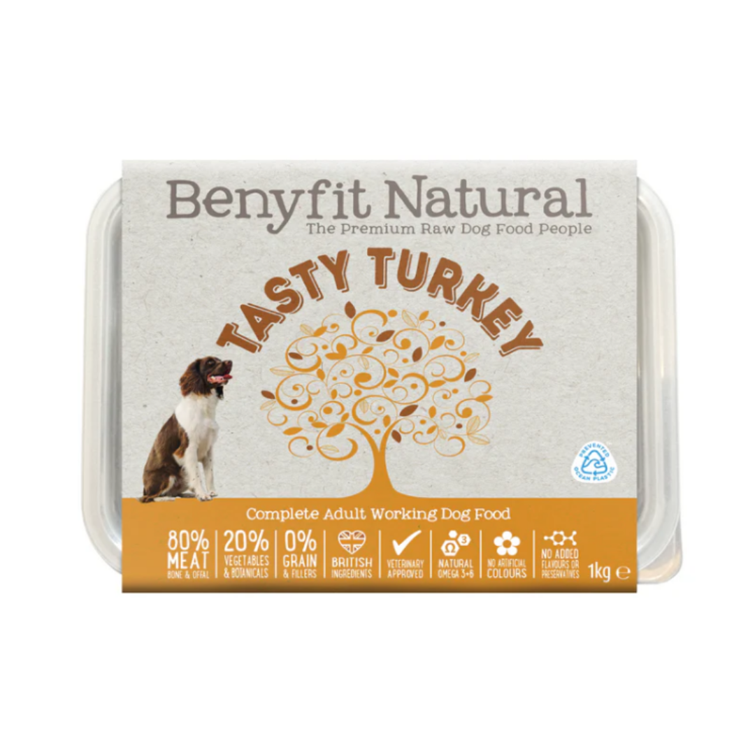 Pack of Benyfit Natural Tasty Turkey raw dog food.