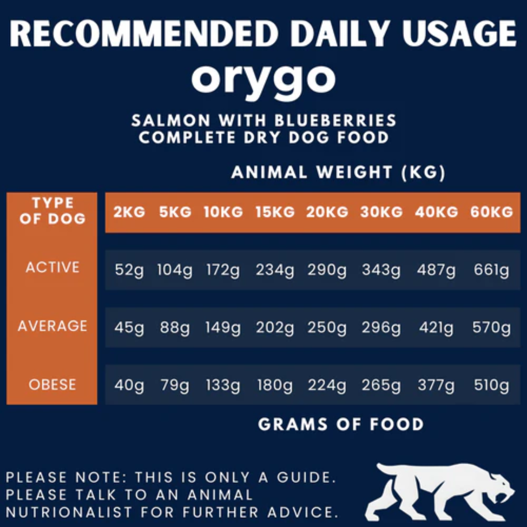 Recommended feeding guide for Orygo Salmon with Blueberries cold pressed dog food.