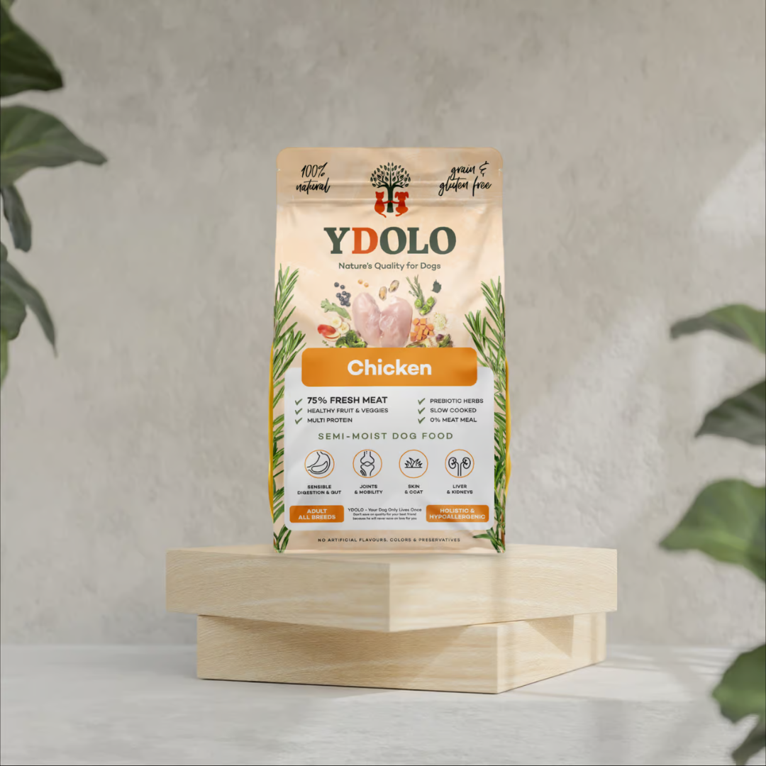 Bag of Ydolo Semi Moist Cold Pressed Dog food on a wooden platform.