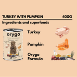 Ingredients of Orygo Turkey and Pumpkin wet food pate for dogs.