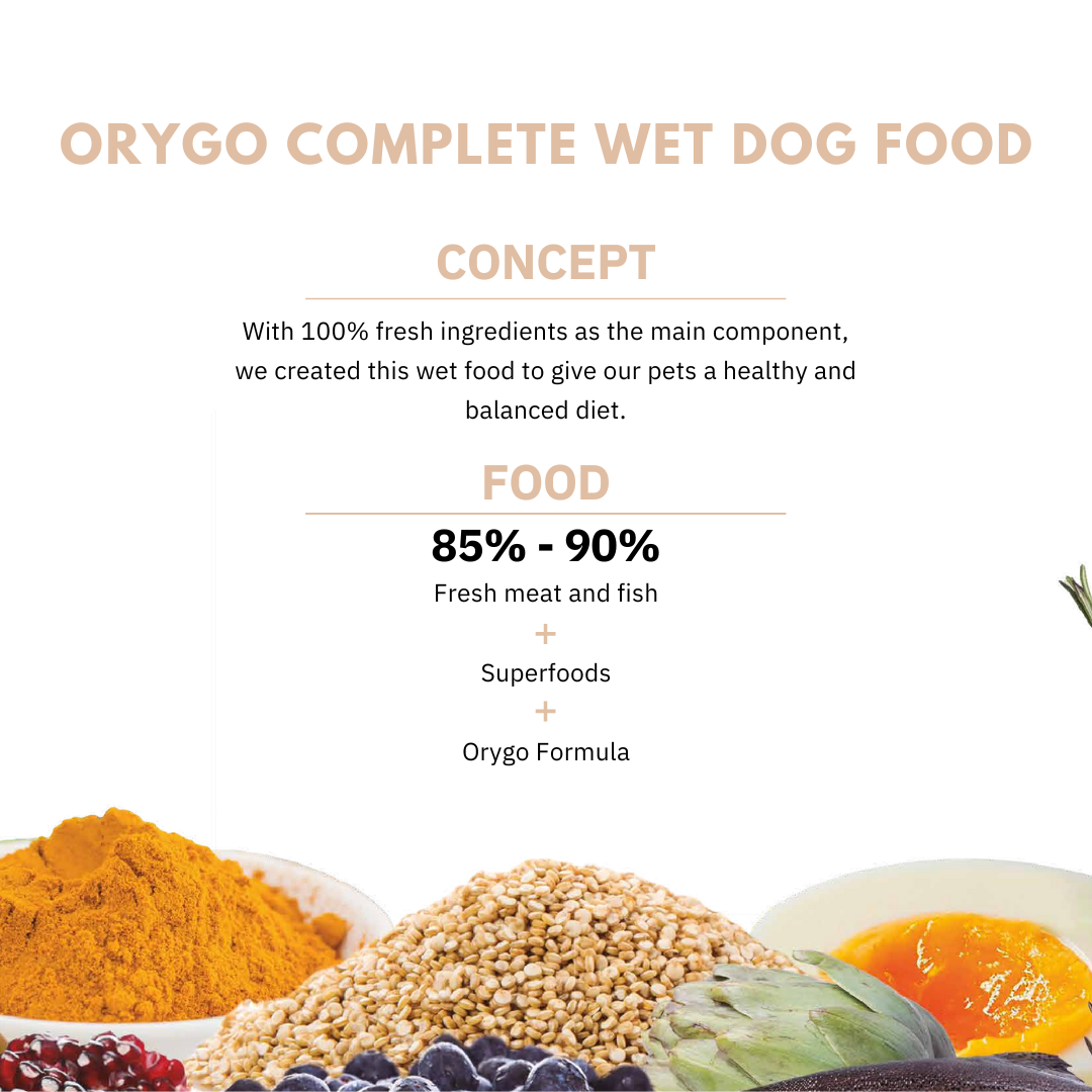 Orygo Complete wet dog food concept: 85-90% fresh meat & fish, superfoods and Orygo formula.