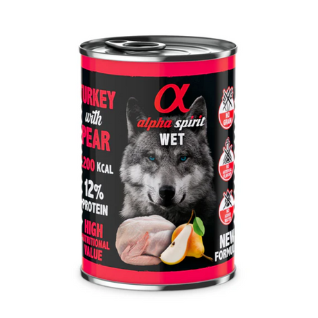 Can of Alpha Spirit Turkey with Pear Complete Wet Dog Food.