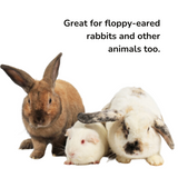 Two rabbits and a guinea pig, with the text saying "Great for floppy eared rabbits and other animals too."