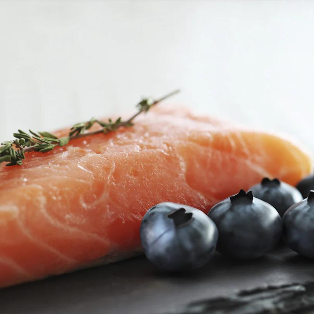 Salmon and blueberries.