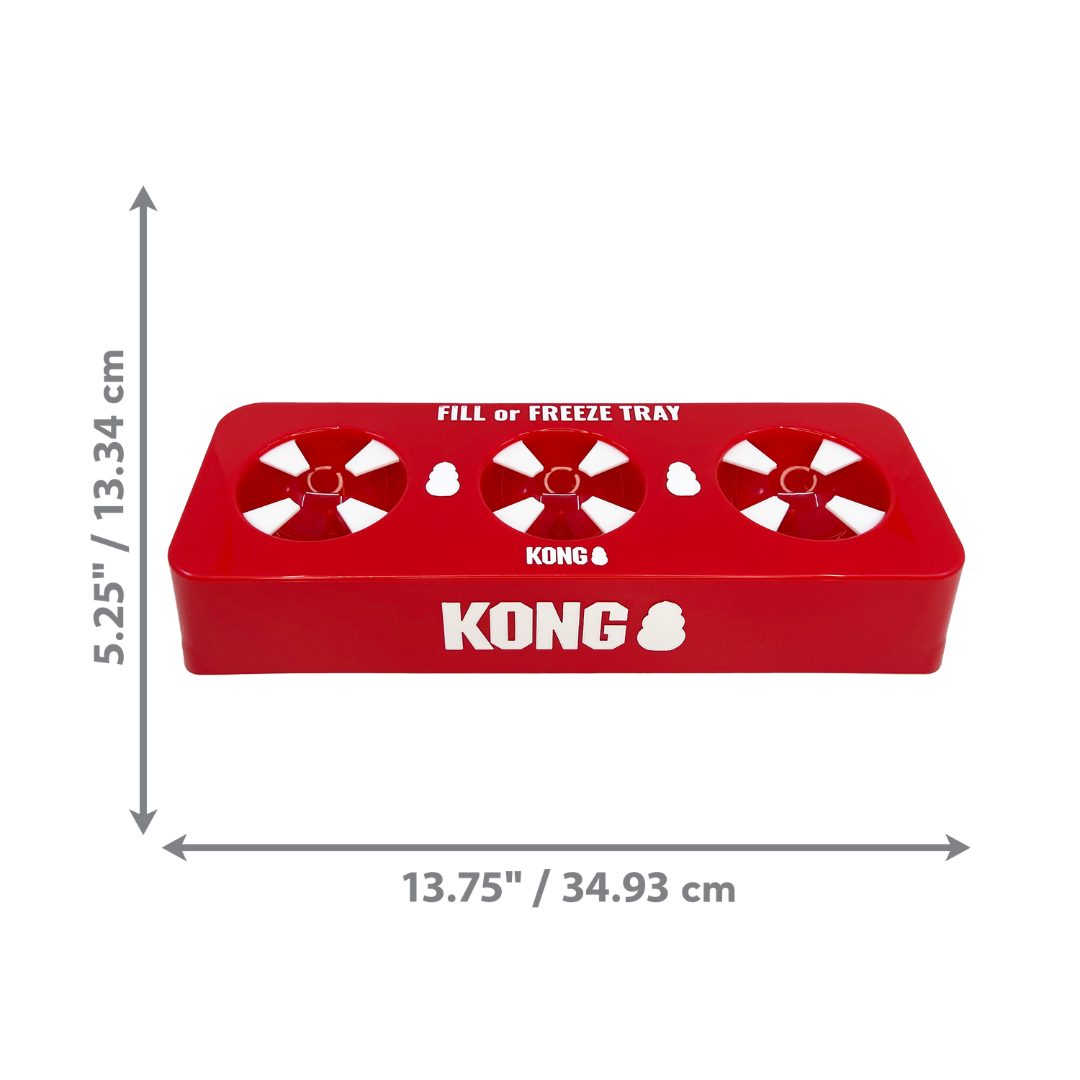 Kong fill or freeze tray against a white background. Measurements of product displayed here. 