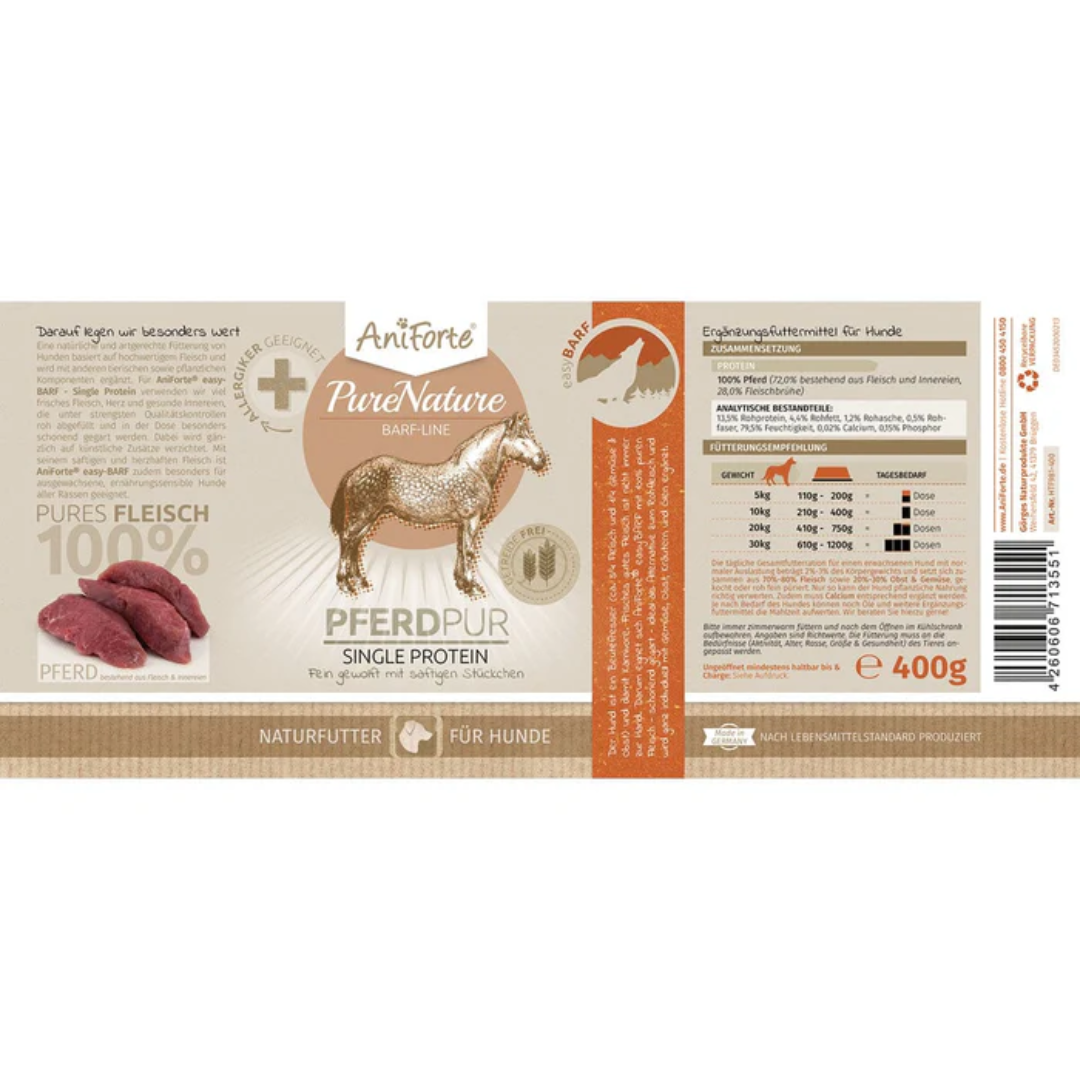 German label for AniForte PureNature Pure Horse wet dog food.