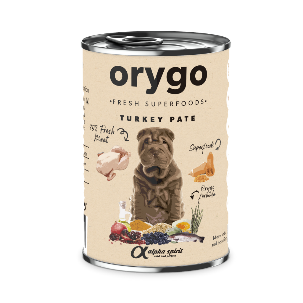 400g can of Orygo Turkey and Superfood Wet Food Pate for Dogs.