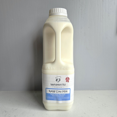 Bottle of Barkin Bistro raw cow milk for pets.