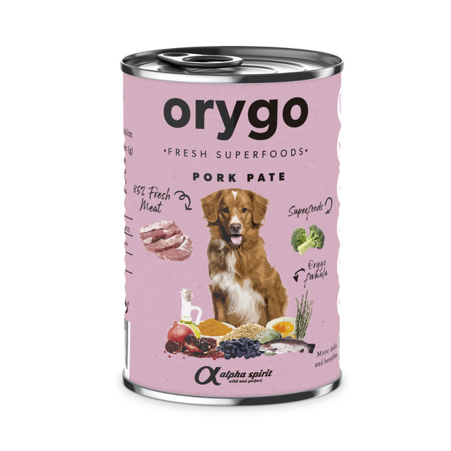 400g tin of Orygo Pork and Superfood wet food pate for dogs.