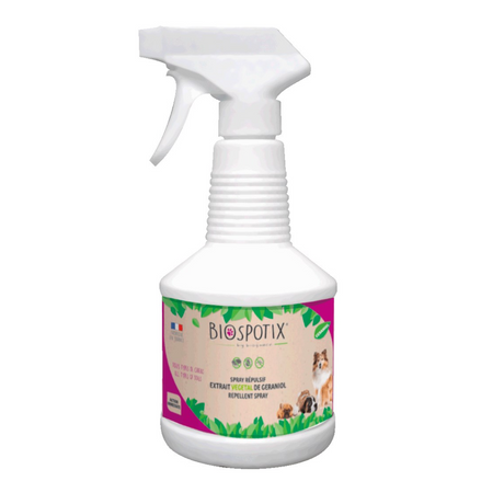 500ml Bottle of Biospotix flea repellant spray for dogs.