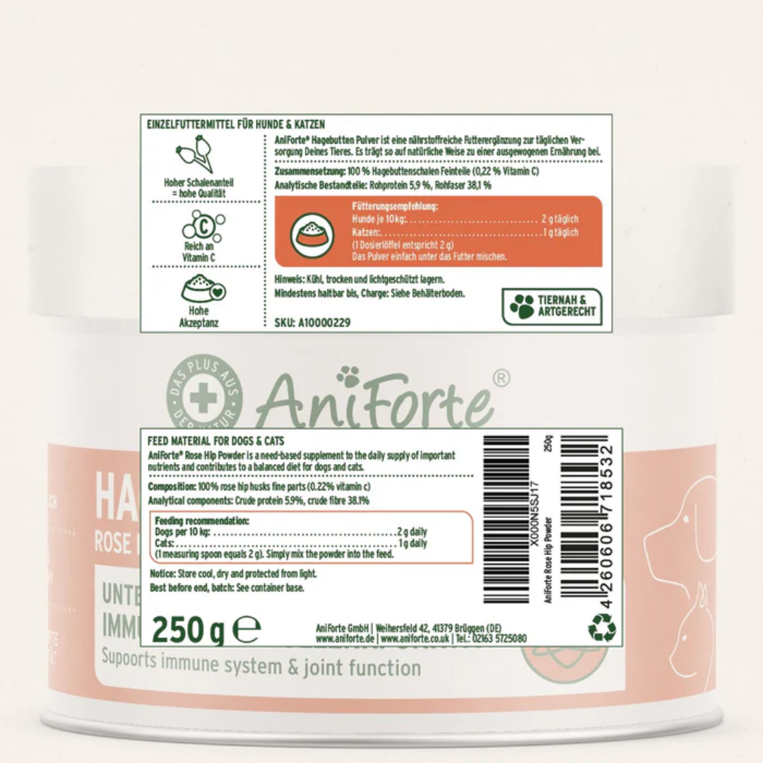 Label details for AniForte Rose Hip powder for cats and dogs.