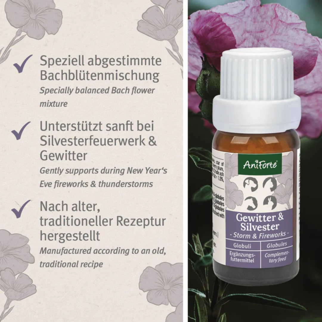 A bottle of AniForte Storm and Firework Globules, alongside text "Specially balanced bach flower mixture. Gently supports during new year's eve fireworks and thunderstorms. Manufactured according to an old traditional recipe."