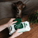 Hands opening a resealable package of Beco bamboo wipes for dogs, with a whippet in the background.