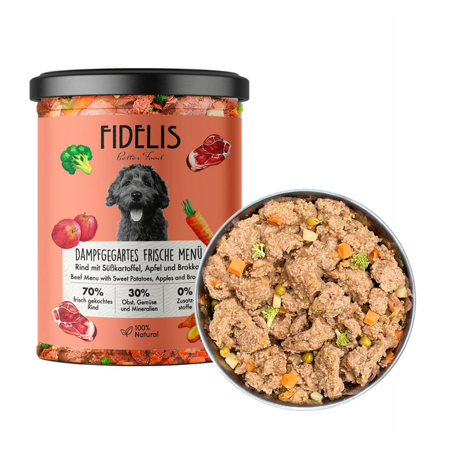 Jar and dish of Fidelis Beef Menu wet dog food.