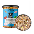 Jar and dish of Fidelis Turkey Menu wet dog food.