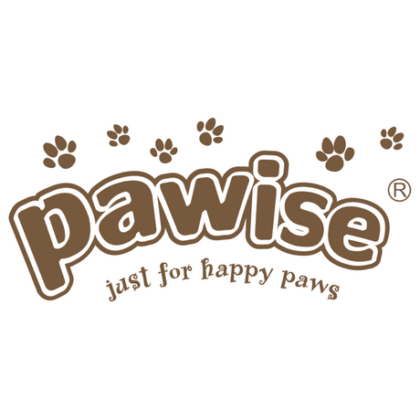 Pawise logo in brown. Dog prints above. 'just for happy paws' below.