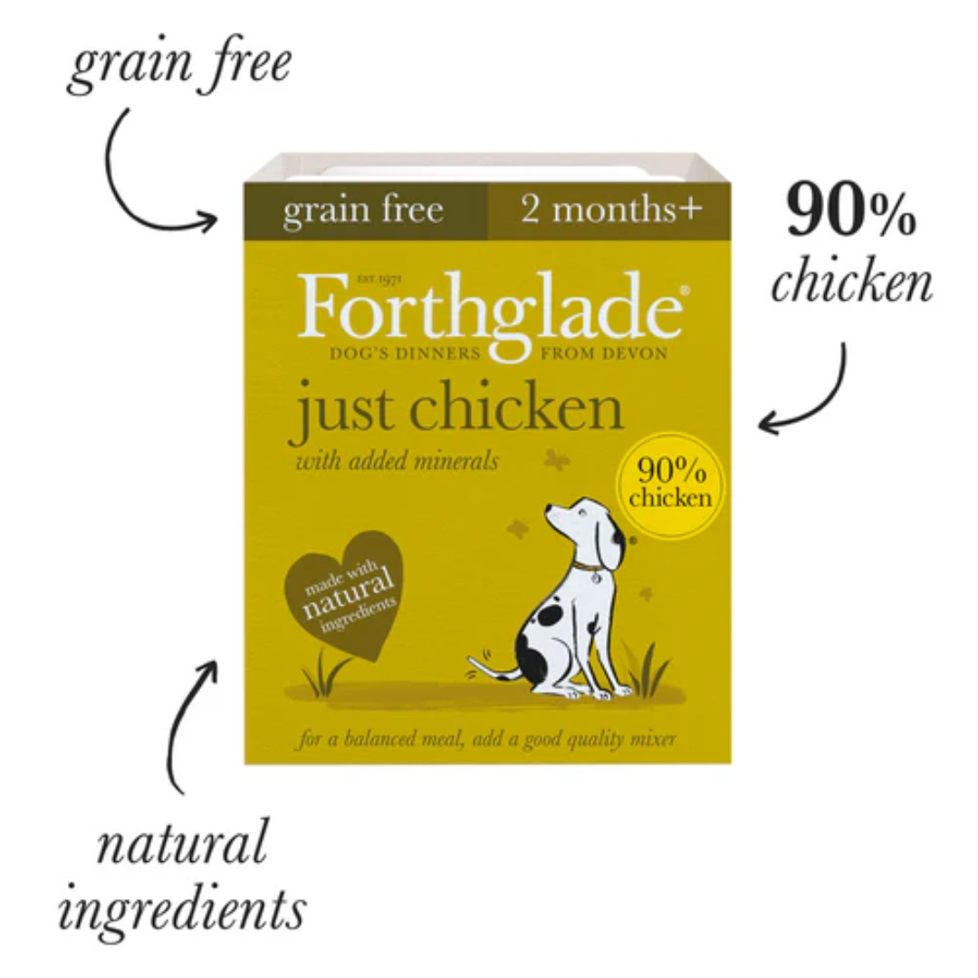 Forthglade Just Chicken Tray with the text "Grain Free, 90% Chicken, Natural Ingredients".