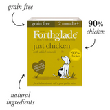 Forthglade Just Chicken Tray with the text "Grain Free, 90% Chicken, Natural Ingredients".