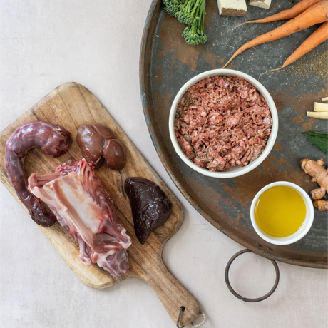 Raw ingredients and mince of Benyfit Turkey and Goose raw dog food.