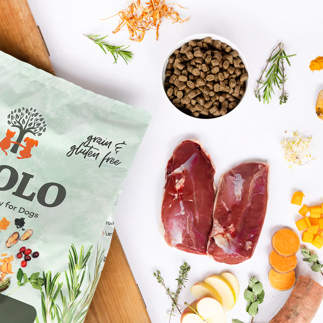 A top down view of a bowl of Ydolo Semi Most cold pressed kibble in a bowl, a section of it's bag and the raw ingredients used to make the food including duck, sweet potato and apple.