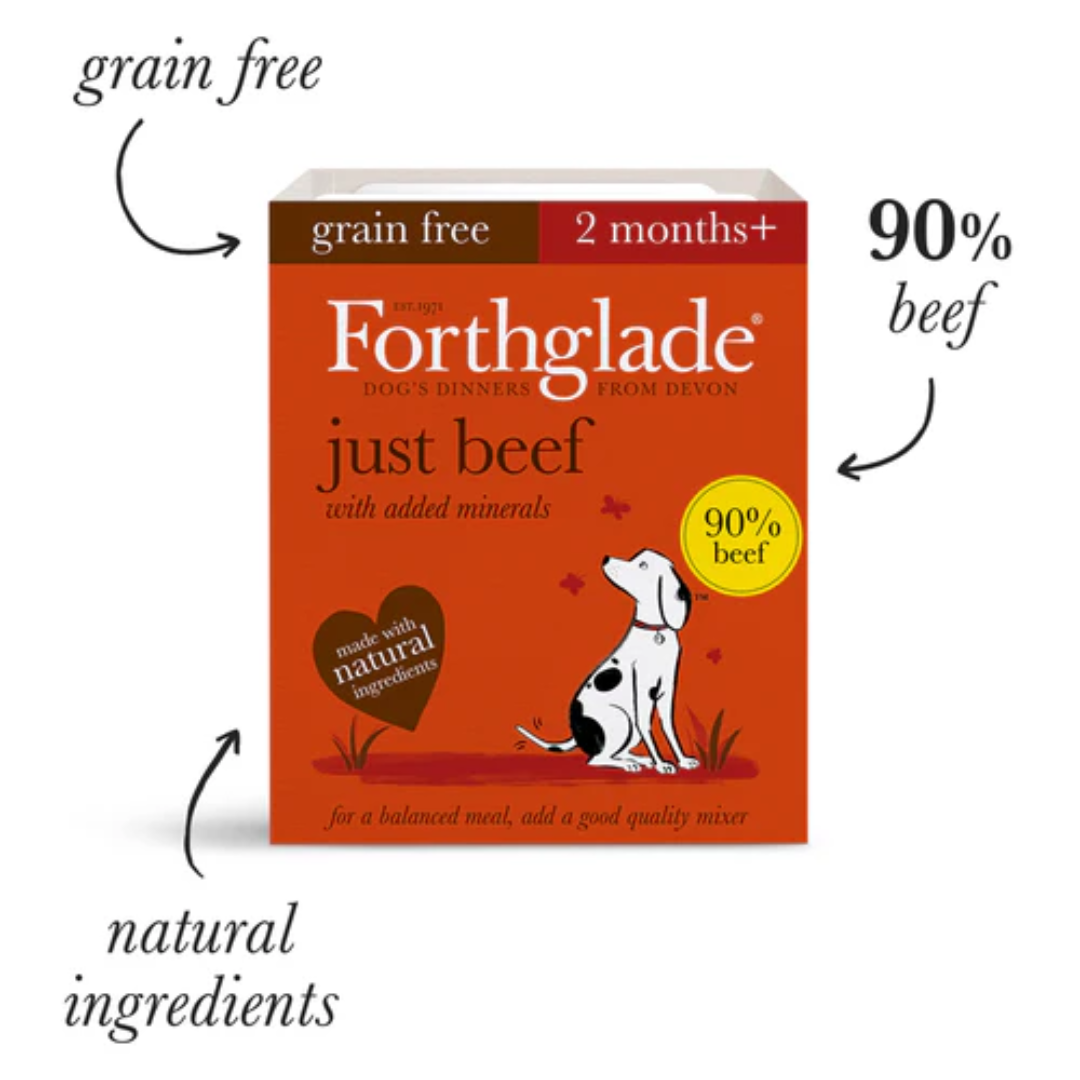 Tray of Forthglade Just Beef with text "Grain Free. 90% Beef. Natural Ingredients"