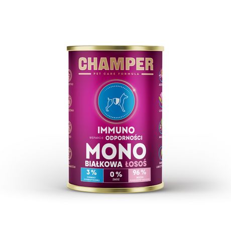 Champer 96% Salmon Immuno wet dog food tin.