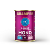 Tin of Champer Immuno Salmon dog food.