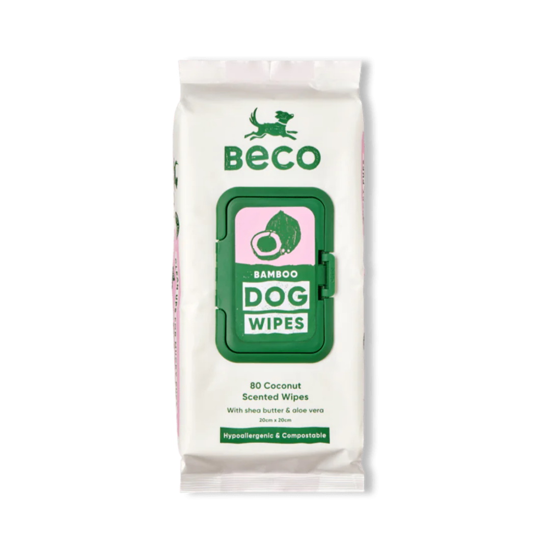 A closed packet of Beco Coconut Scented Bamboo wipes for pets.