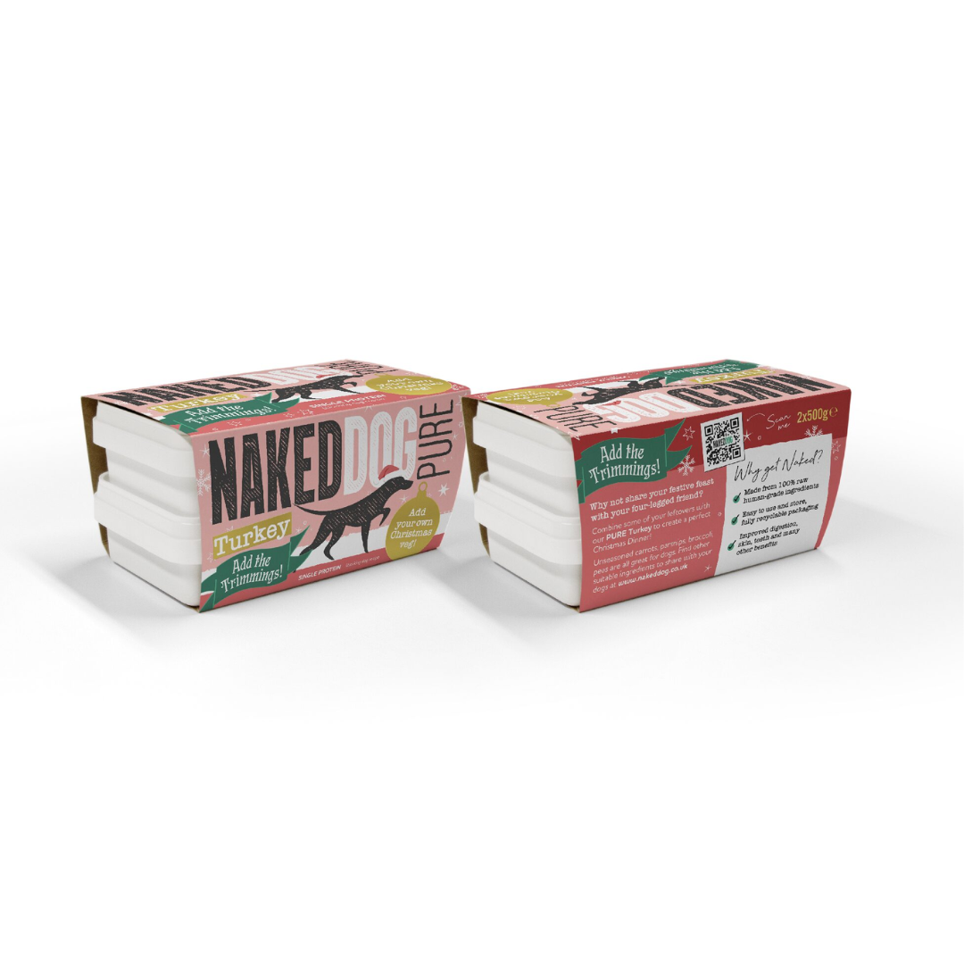 Two packs of Naked Dog Christmas Turkey Raw food.