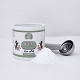 Tub of Atlas and Tail PEA for cats and dogs, alongside a mound of PEA and measuring spoons.