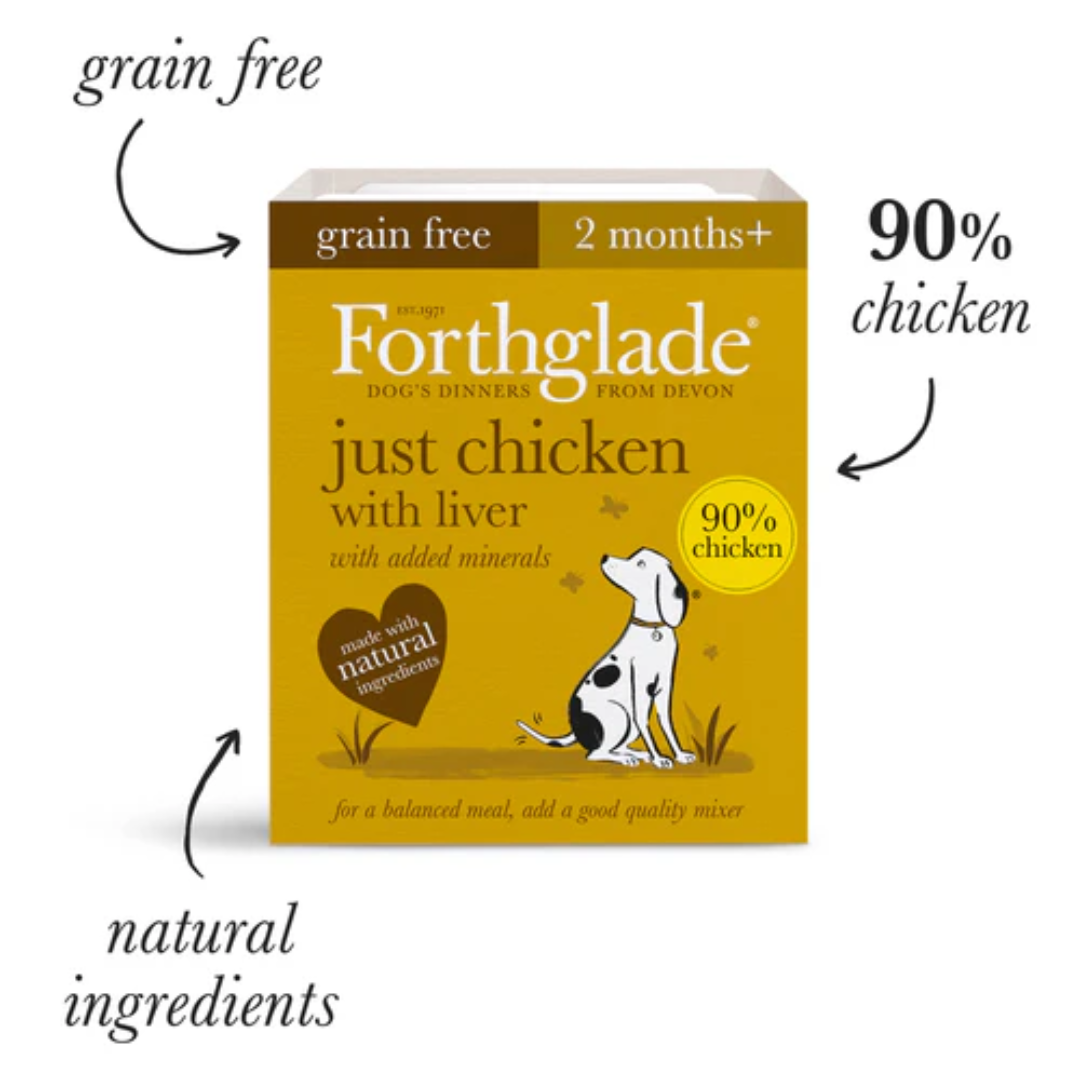 Forthglade Just Chicken with Liver with the text "Grain Free, 90% Chicken, Natural Ingredients".