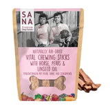 Bag of Sana Vital Chewing Sticks with Horse, Pear and Linseed oil in front of the treats.