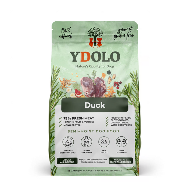 Bag of Ydolo semi moist, cold pressed duck dog food.