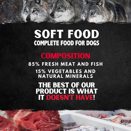 Soft Complete food for dogs. Composition: 85% fresh meat and fish with 15% vegetables and natural minerals.