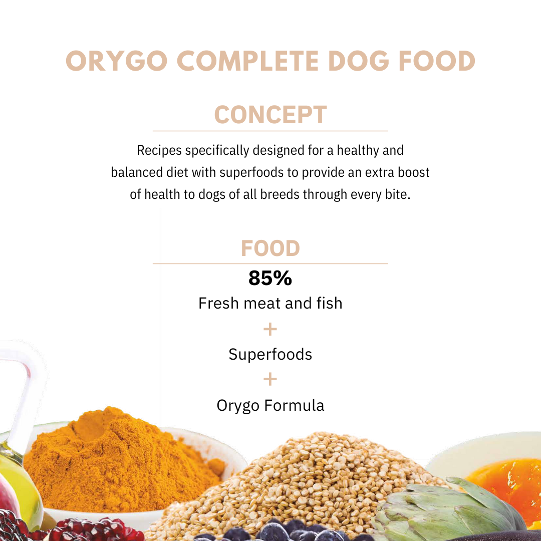 Orygo Complete Dog Food Concept: 85% fresh meat and fish, superfoods and orygo formula.
