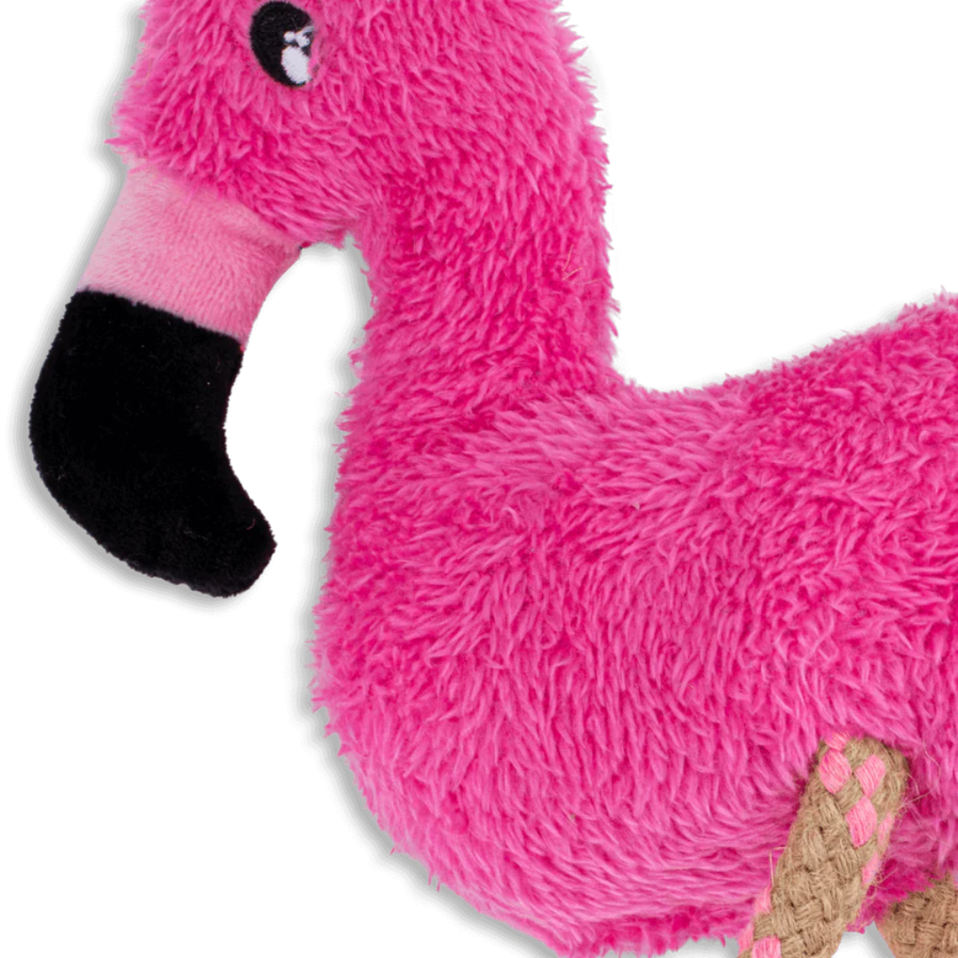 Up close shot of Fernando the Flamingo soft dog toy from Beco.