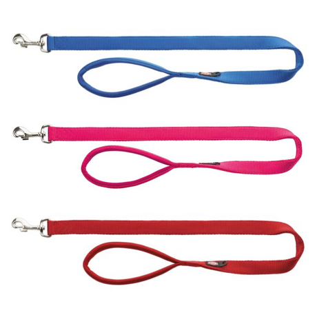 Three Trixie Premium Dog Leads in the colours royal blue, red and fuchsia.