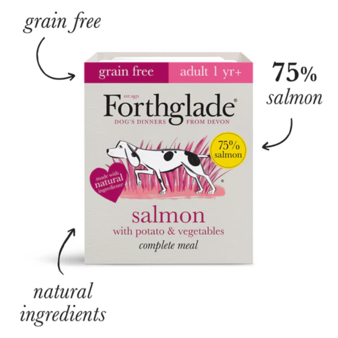 Tray of Forthglade Grain Free Salmon Dog Food with the text "Grain Free, 75% Salmon, Natural Ingredients."