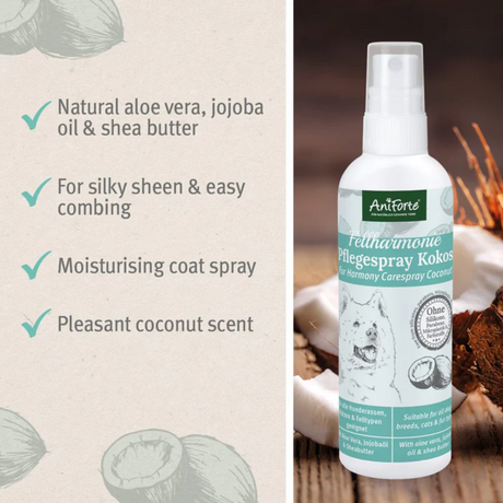 A bottle of AniForte Coconut Care Spray, to the right of a list of the benefits which include "Natural aloe vera, jojoba oil and shea butter. For silky sheen and easy combing. Moisturising coat spray. Pleasant coconut scent."