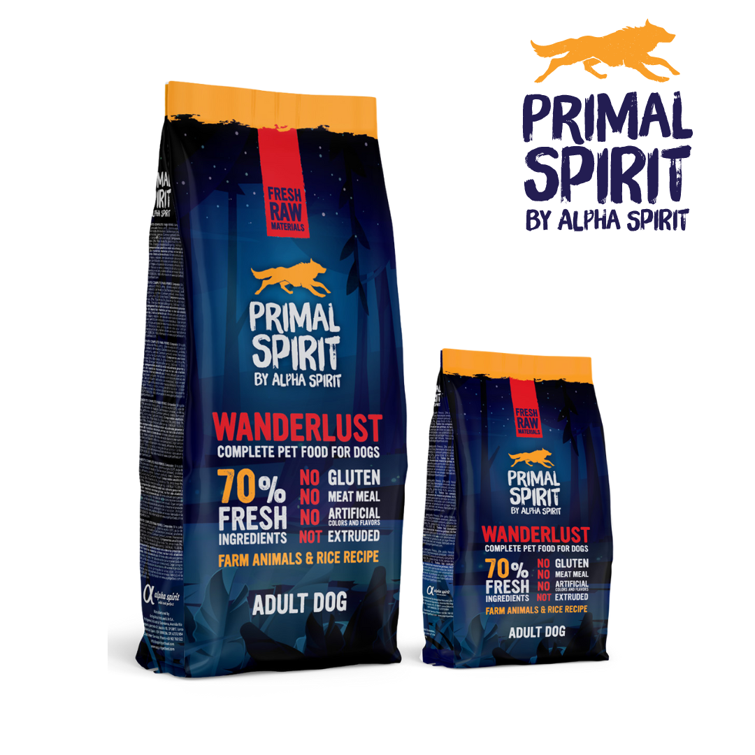 12kg and 1kg bags of Primal Spirit Wanderlust dog food.