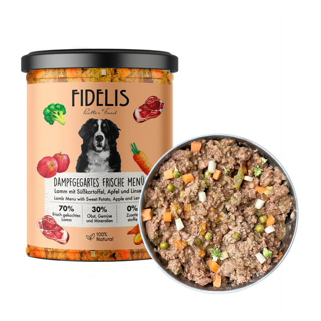 Jar and dish of Fidelis Lamb Menu wet dog food