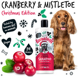 Cocker Spaniels, a bottle of bugalugs cranberry and mistletoe shampoo, with christmas icons.