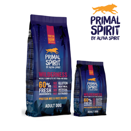 1kg and 12kg bags of primal spirit wilderness cold pressed dog food.