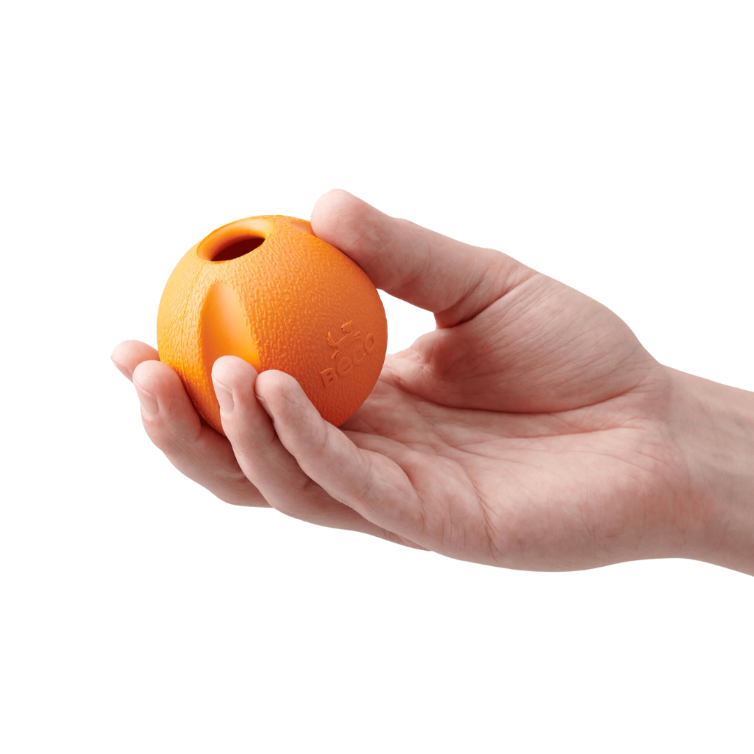 Hand holding a beco rubber ball.