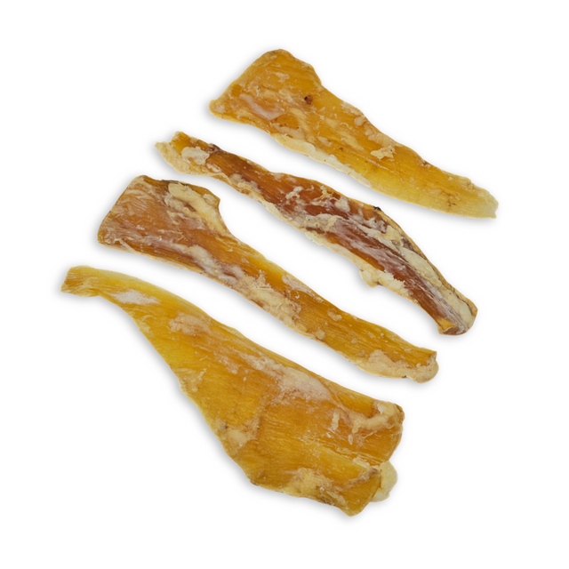 4 pieces of Atlas and Tail Moonbone dehydrated beef tendon chew treats for dogs.