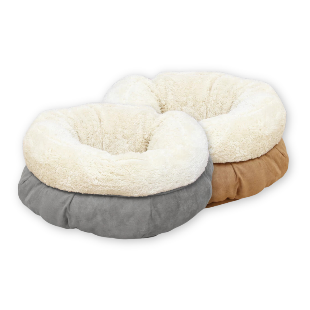 A grey and a beige AFP Lambswool Donut Pet Bed.