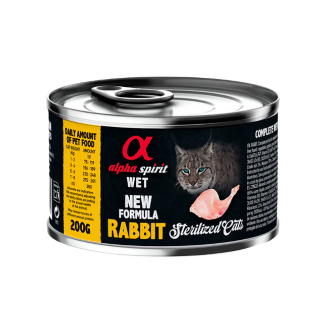 200g can of Alpha Spirit Chicken wet food for sterilised cats.